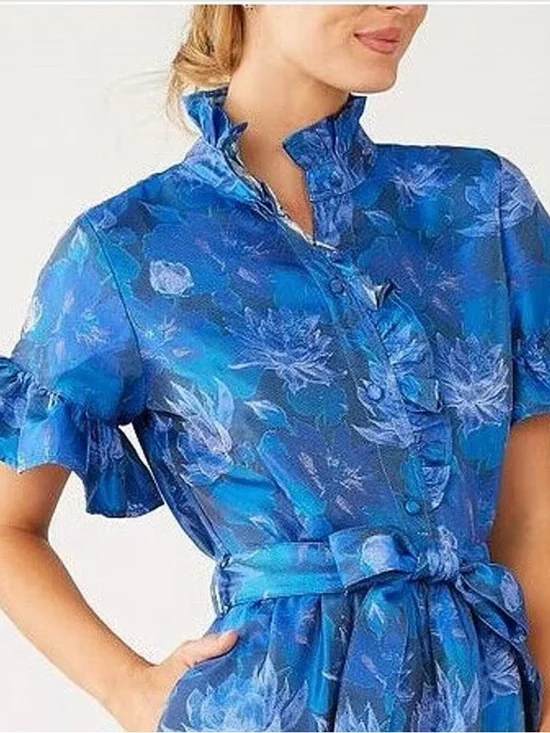 Blue jacquard Floral Tiered Midi Dress - Picture 4 of 11